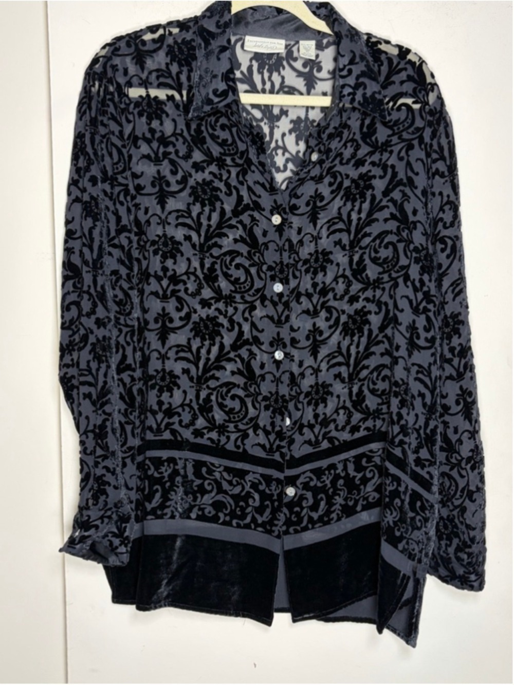 Vintage Lord & Taylor Black Velvet Burnout Tunic Top Silk Blend Women’s Size 10
